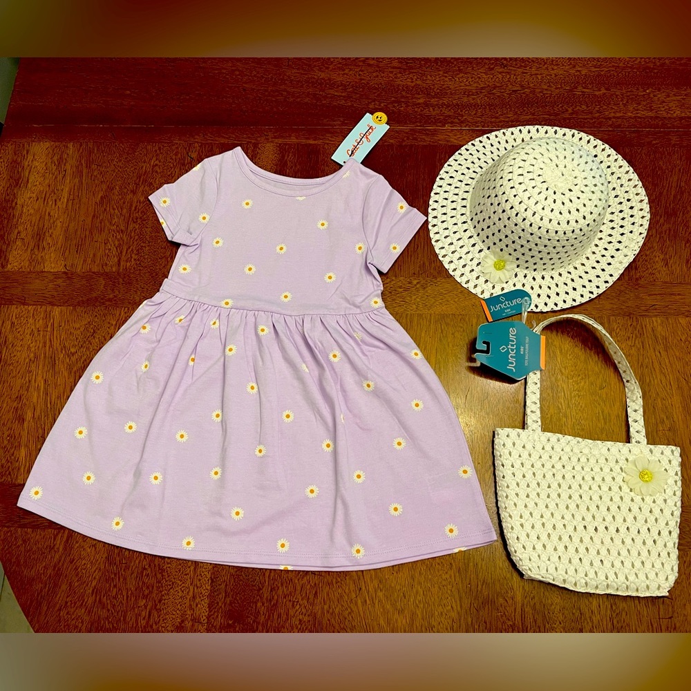 Lavender T-shirt Dress SET Daisy Design * Cat & Jack 4T White Straw Hat & Purse